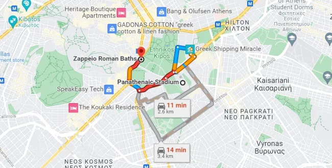Η διαδρομή σύμφωνα με τους Χάρτες Google αν θέλετε να φτάσετε στα Ρωμαϊκά Λουτρά από το Καλλιμάρμαρο.