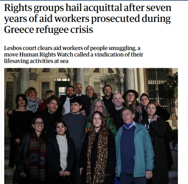Το Δικαστήριο της Λέσβου απαλλάσσει τους εργαζόμενους στον τομέα της ανθρωπιστικής βοήθειας από την κατηγορία της λαθρεμπορίας ανθρώπων. Το Παρατηρητήριο Ανθρωπίνων Δικαιωμάτων χαρακτήρισε την απόφαση ως δικαίωση.