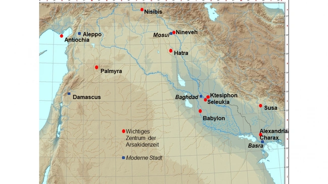 Η «Αλεξάνδρεια στον Τίγρη (Χάραξ)», κάτω δεξιά στον χάρτη