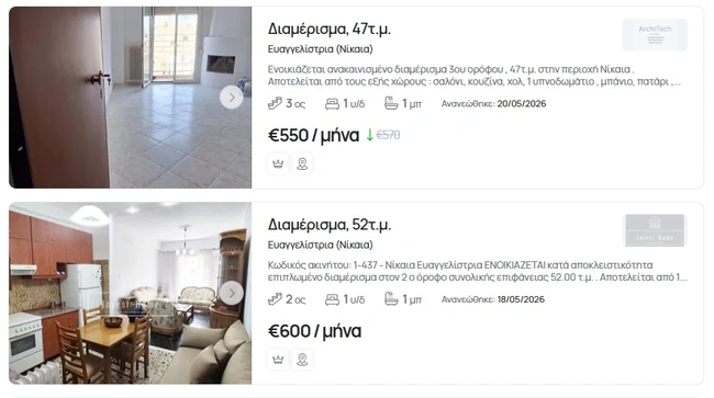 Αγγελίες για διαμερίσματα στη Νίκαια