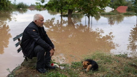 Ένας άντρας καθισμένος δίπλα σε ένα τρομαγμένο σκυλάκι.