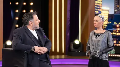 Το ρομπότ Σοφία με τον Γρηγόρη Αρναούτογλου