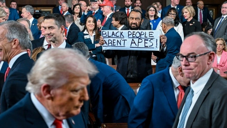 Ο δημοκρατικός βουλευτής Αλ Γκριν σηκώνει πλακάτ κατά του Τραμπ στην ομιλία του στο Κογκρέσο