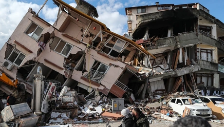 Κτίριο που κατέρρευσε μετά από τον ισχυρό σεισμό που έπληξε το Χατάι της Τουρκίας